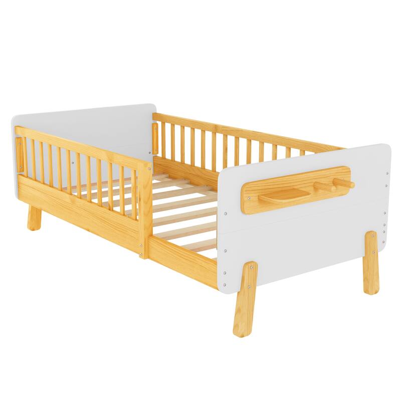 Kids Wood Platform Bed with Guardrails, Bottle Holder and 2 Hanging Rod, Convertible Toddler Daybed, Low Profile Design Frame