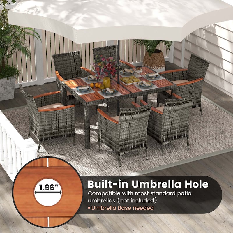 Costway 7 Pieces Outdoor Wicker Dining Set with Acacia Wood Table and - See Details
