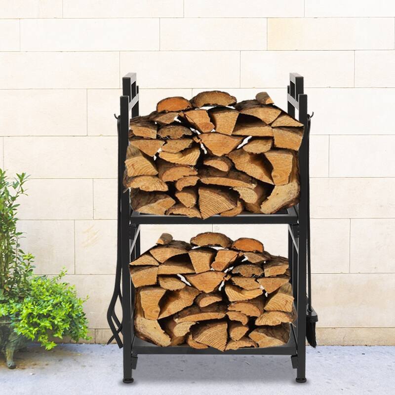 29.9" Double Layer Firewood Rack With Animal Pattern And Tools
