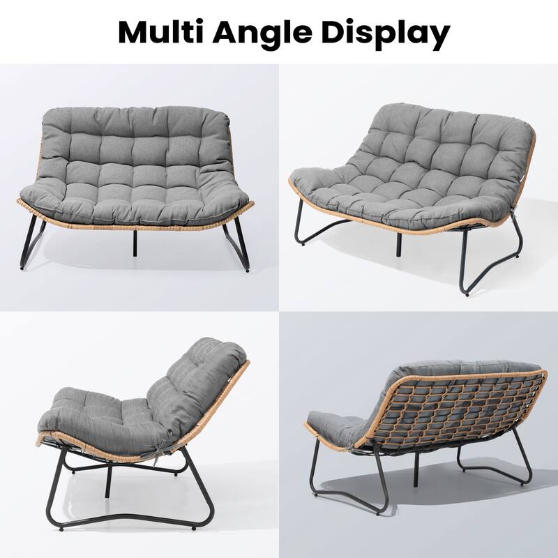 Double Papasan PE Rattan Chair Loveseat with Cushion For Indoor Outdoor