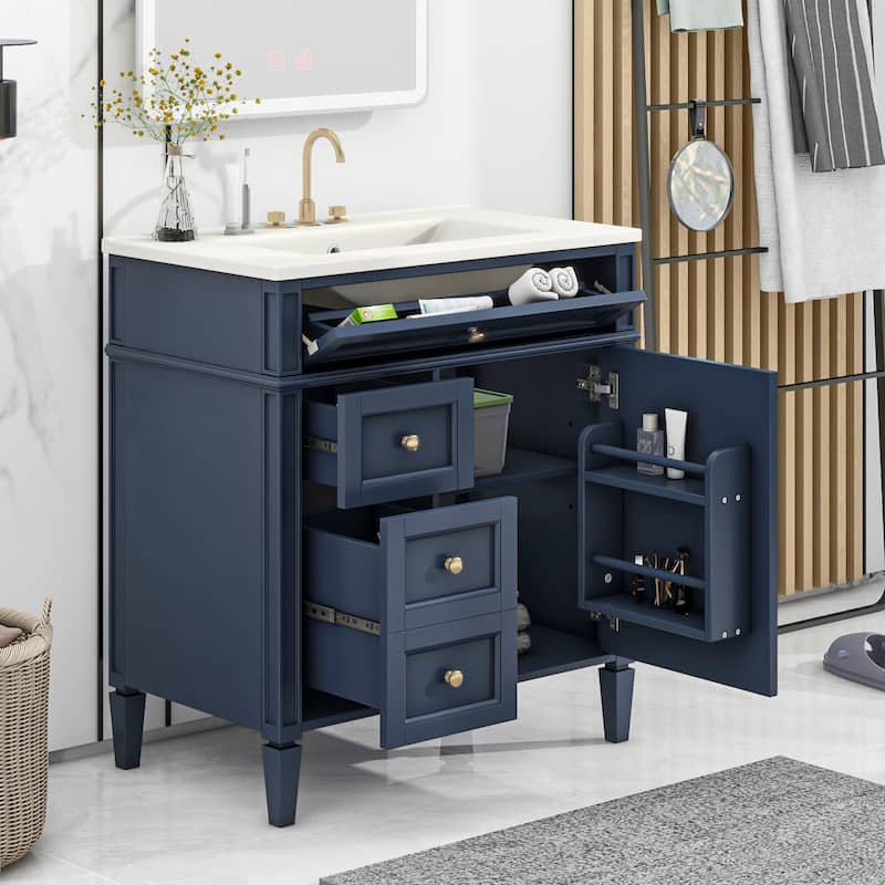 Bathroom Vanity with Top Sink, Bathroom Storage Cabinet with 2 Drawers and 1 Door, Bathroom Vanities with 1 Tip-out Drawer - Blue