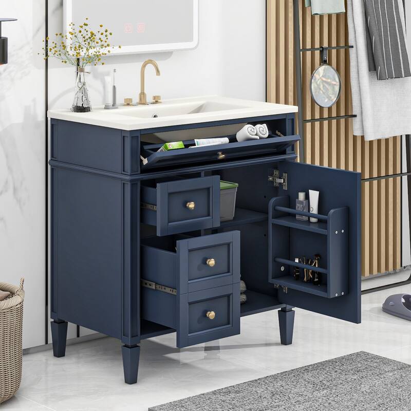 Modern 30" Bathroom Vanity with Ceramic Sink, 2 Drawers & Tip-Out Drawer for Bathroom Storage - Blue-1
