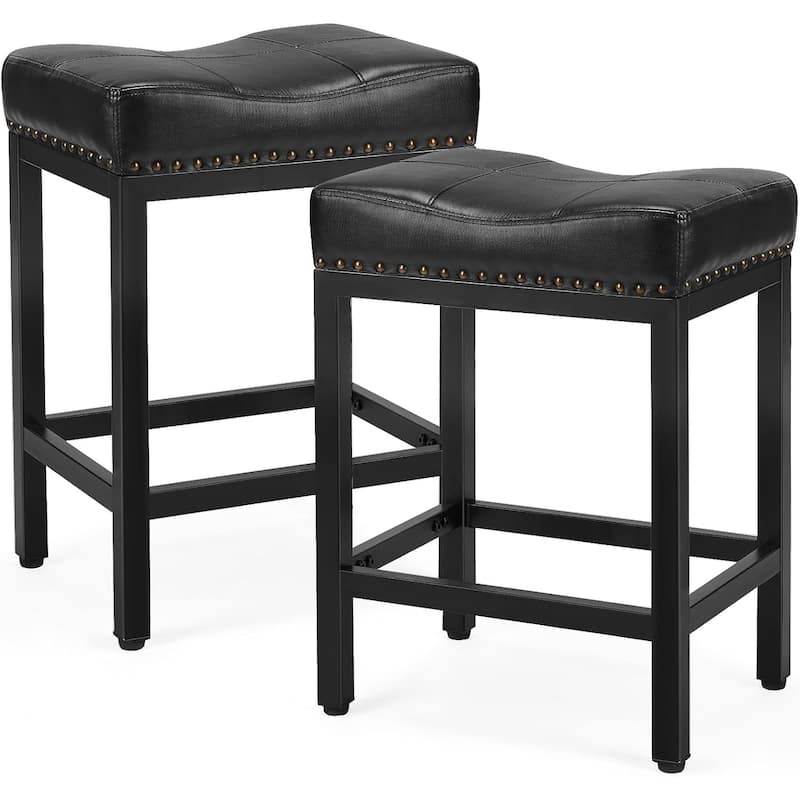 Bar Stools Set of 2, 24 inch Counter Height Saddle Stools, Upholstered Modern Kitchen Barstools with Metal Base, PU Leather - Black