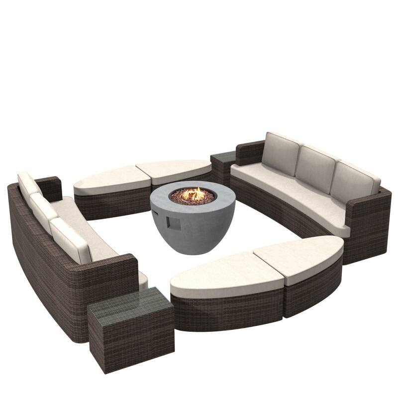 9-piece Patio Wicker Daybed Set with Concrete Fire Pit Table