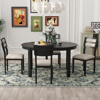 5-Piece Extendable Round Dining Table Set With 4 Upholstered Chairs ...