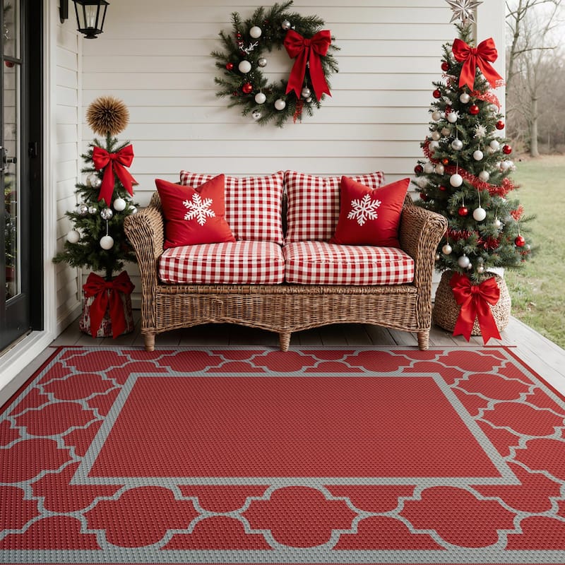 Reversible Dark Geometric Flat-Weave All-Season Outdoor Rug - 6'X9'