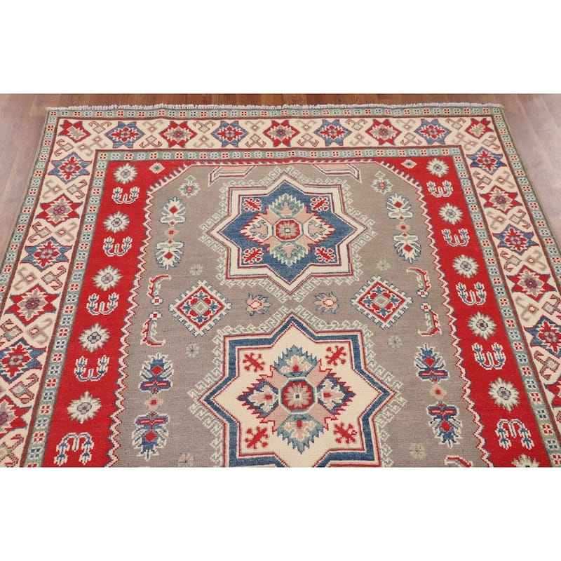 Kazak Area Rug Handmade Traditional Grey Wool Carpet - 5'0" x 6'7"