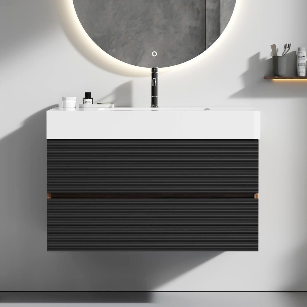 36"Bathroom Vanity with Glossy Solid Surface Sink and Soft Drawers, Wall Mounted Floating Bathroom Vanity, One-Piece Basin