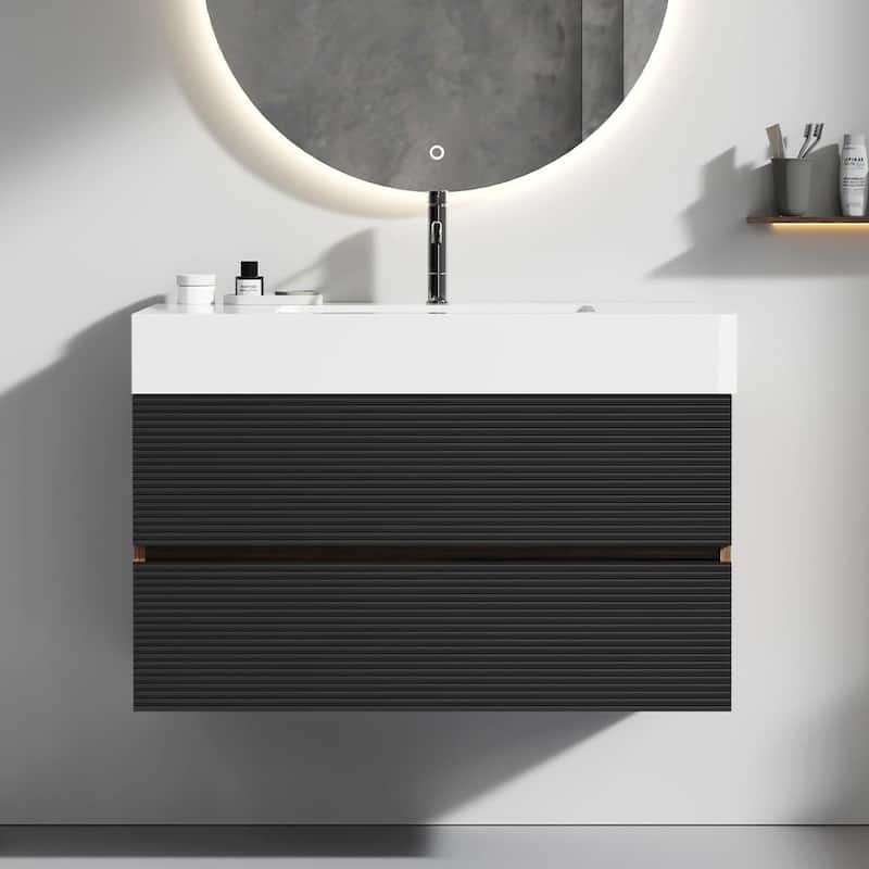 Wall Mounted Bathroom Vanity with Solid Surface Sink and Soft Drawers - 35.85'' x 18.12'' x 25.29'' - Brown