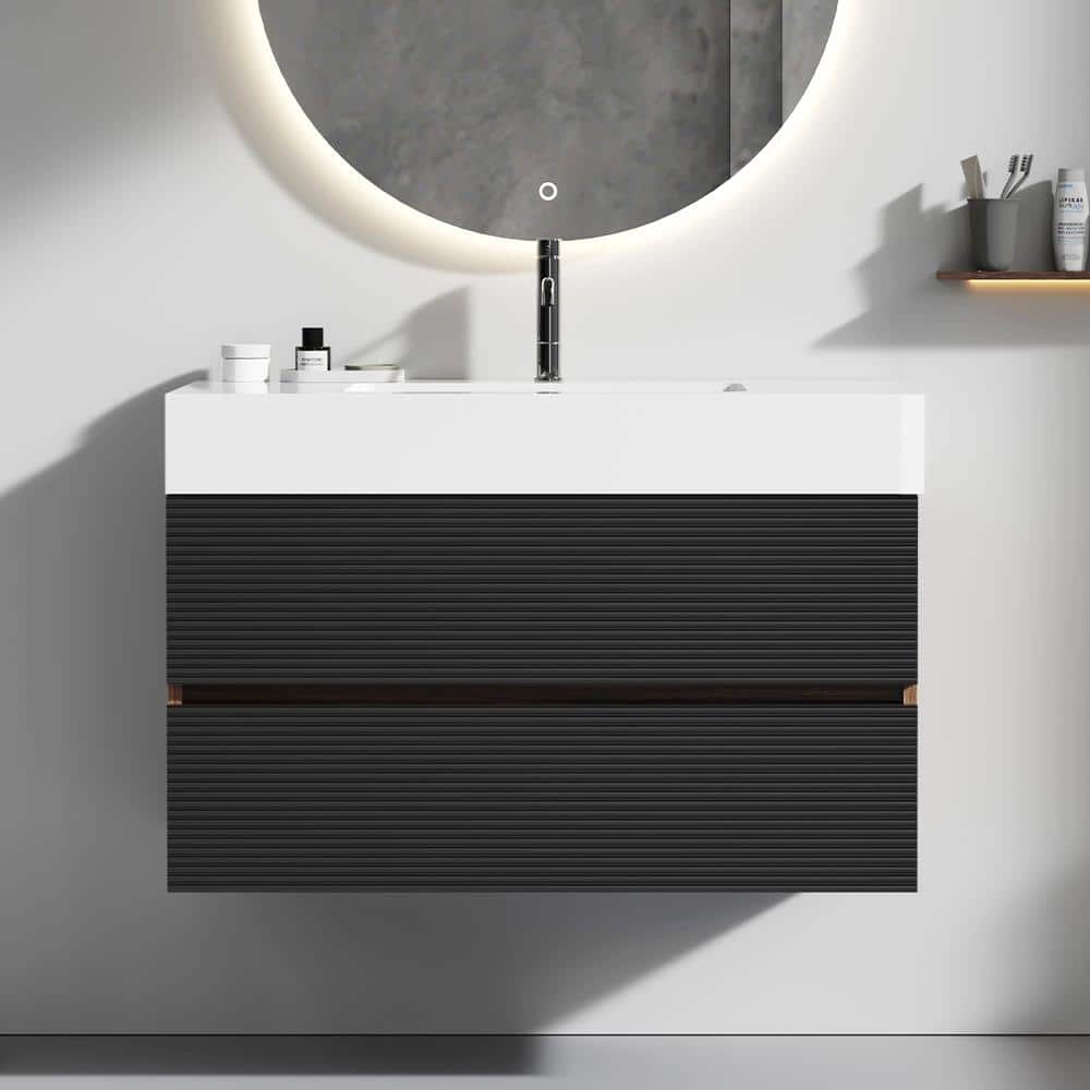 Wall Mounted Bathroom Vanity with Solid Surface Sink and Soft Drawers