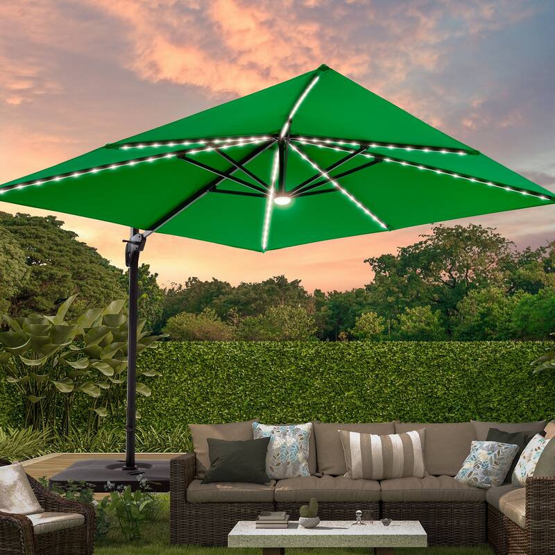 LIVOOSUN Patio10x10FT LED Aluminum Cantilever Umbrella Solution-Dyed Fabric w/Base - Kelly Green