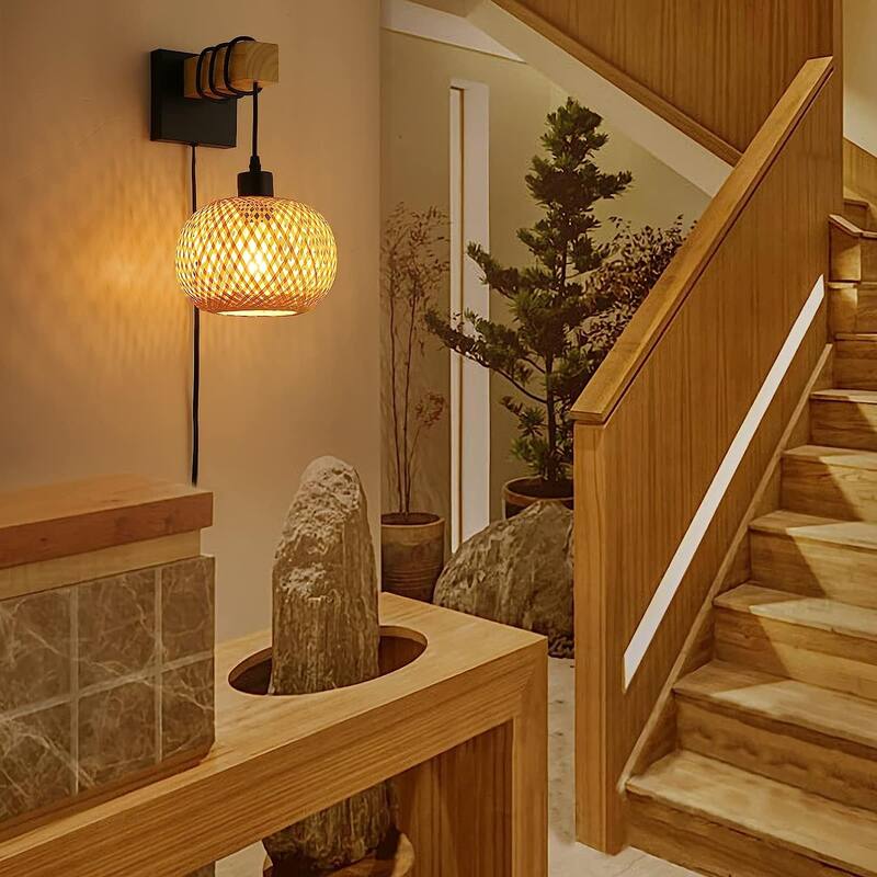 Bamboo Rattan Lantern Lampshade Wood Beam Wall Mounting Hanging Lamp,Industrial Modern Wire Plug in Wall Sconce for Bedroom