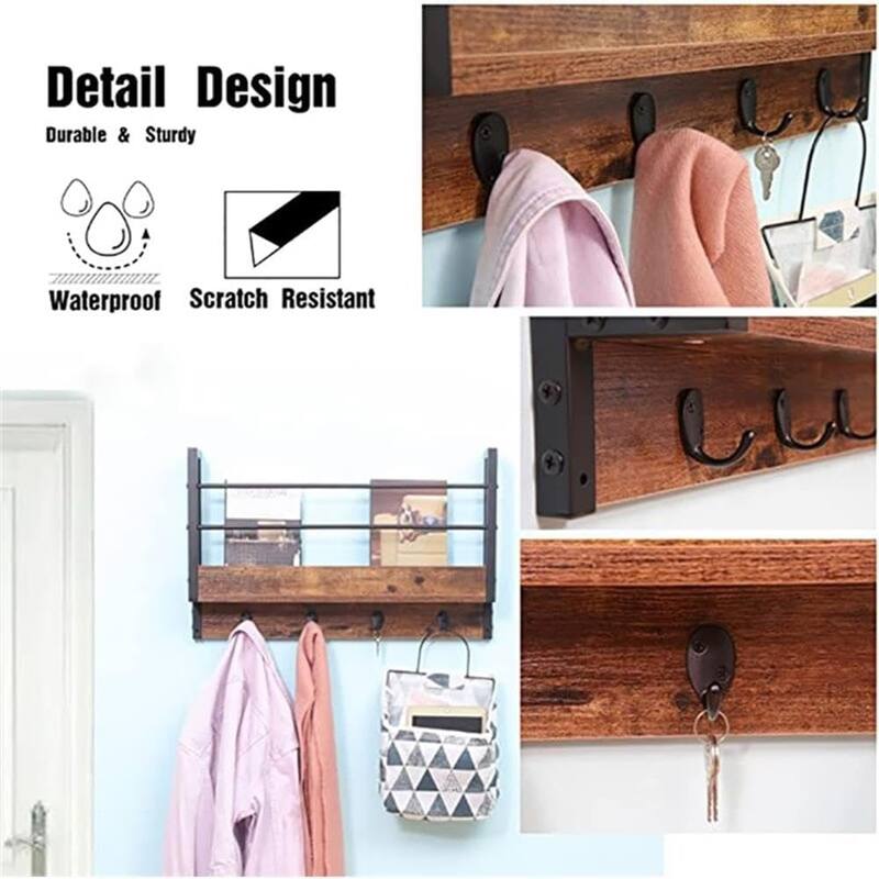 JJS Wall Mounted Floating Shelf with Coat Hooks & Key Holder Space-Saving Storage Rack for Books, Coats & Entryway Essentials