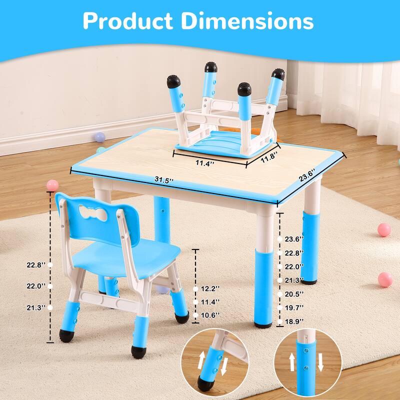Kids Table and Chairs Set, Height Adjustable Desk With 4 Seats