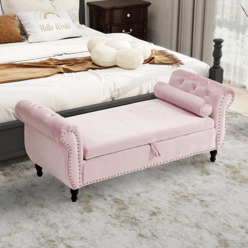 Velvet Storage Rectangular Bench With 1 Pillow,Ottoman For Living Rooms And Entryway - Pink