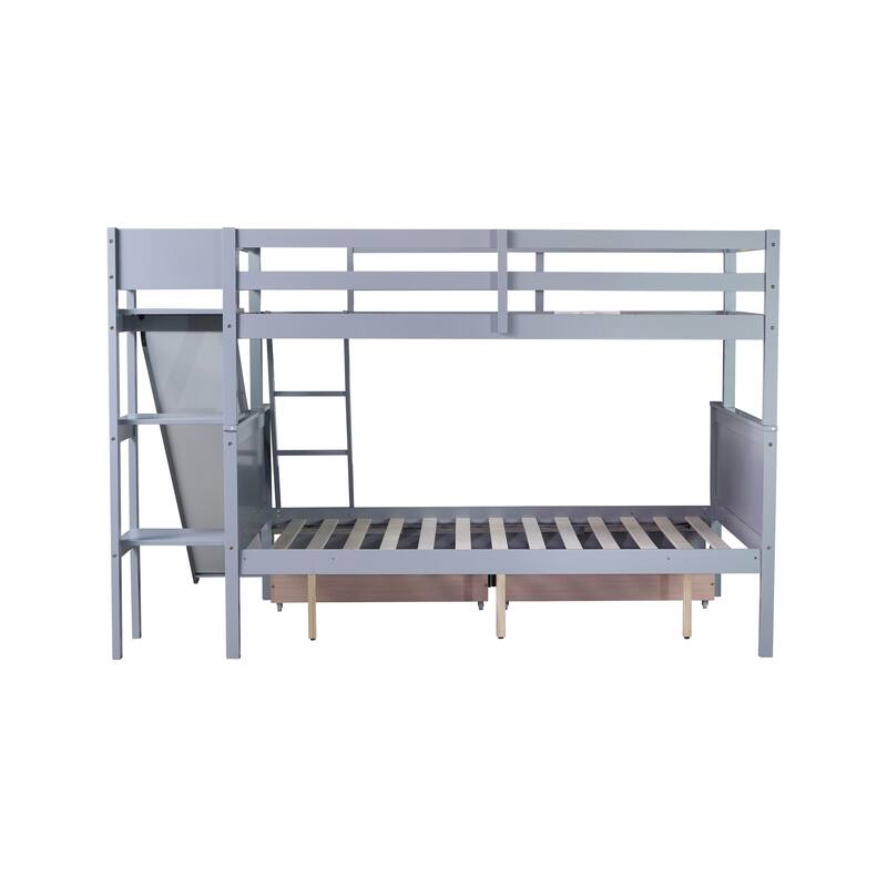 Twin Over Full Size Platform Bunk Bed Frame with Storage Drawers and Slide, Rubber Wood Construction with Safety Guardrails