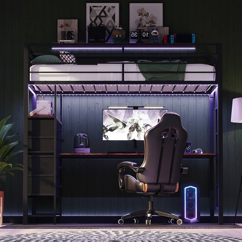 Metal Loft bed with 1 Desk,7 drawers,LED Light,Charging Sockets and Ladder