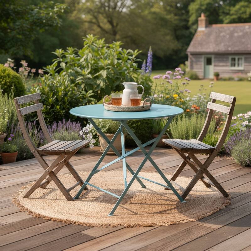 HomeRoots 30" Aqua Rounded Aluminum Folding Outdoor Bistro Table with Umbrella Hole