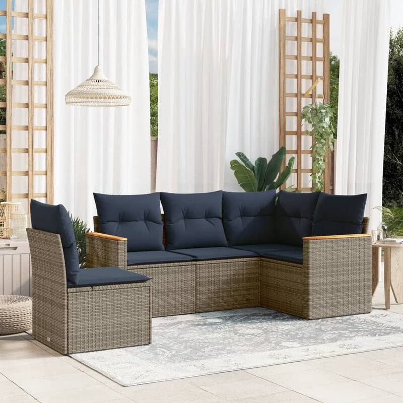 vidaXL Patio Sofa Set with Cushions Outdoor Conversation Furniture Poly Rattan - 24.4x 24.4x 27.2 - Grey and Blue-Without table