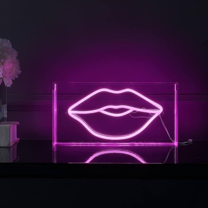 Lips 11.88" X 5.88" Contemporary Glam Acrylic Box USB Operated LED Neon Light, Pink by JONATHAN Y - 11.88" X 5.88"