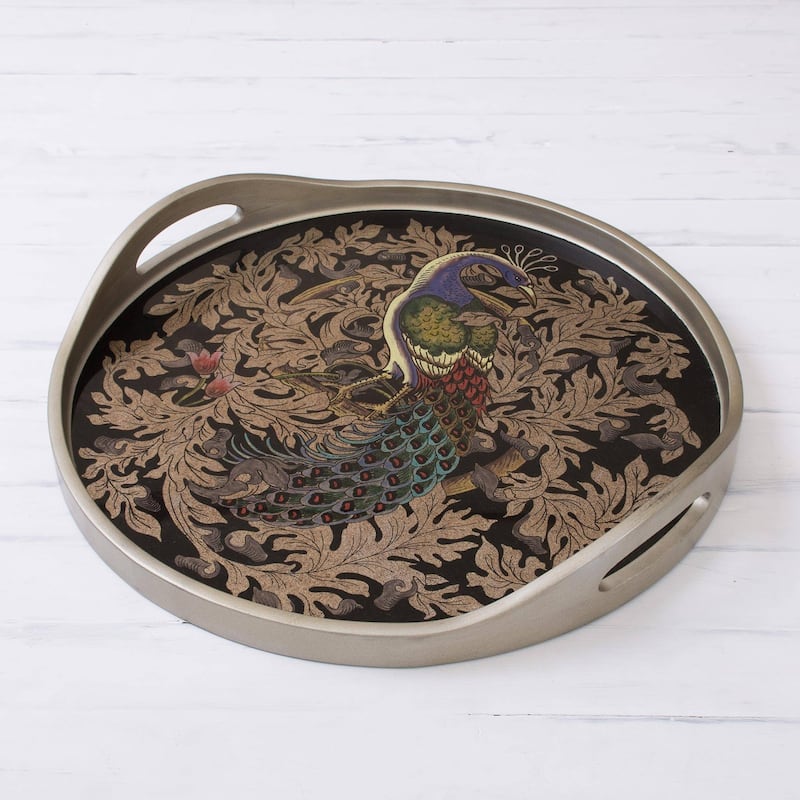 Handmade Mystic Peacock In Silver Reverse-Painted Glass Tray (Peru) - 2.4" H x 17.75" Diam.