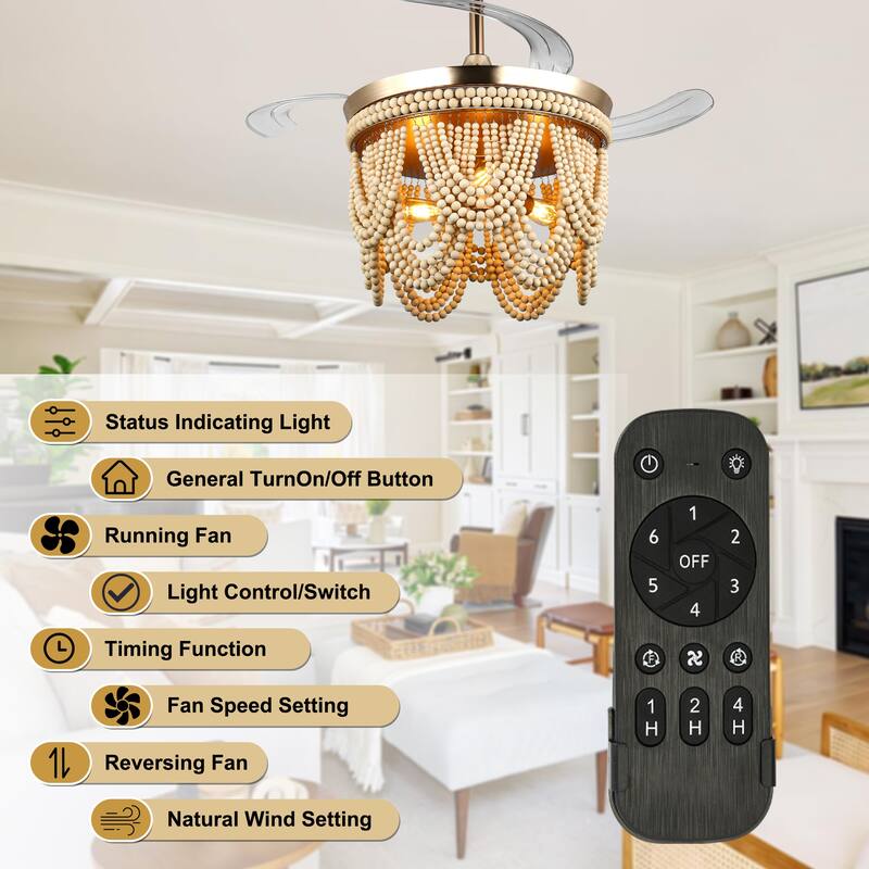 Cusp Barn 42" Retractable Ceiling Fan with Light, Farmhouse Wooden Bead Chandelier, Quiet DC Motor 6 Speeds Bohemian Ceiling Fan