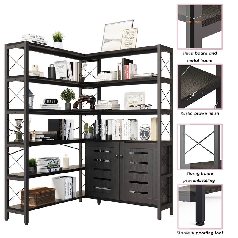 6-Shelf Corner Bookshelf, Vintage Industrial with Storage Cabinet, Large Bookcase Wooden - 6 Tier