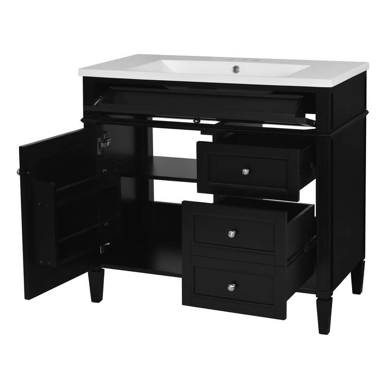Freestanding Bathroom Vanity & Wall Mounted Mirror Cabinet Set with Resin Sink, Open Shelves, Drawers and Adjustable Shelves