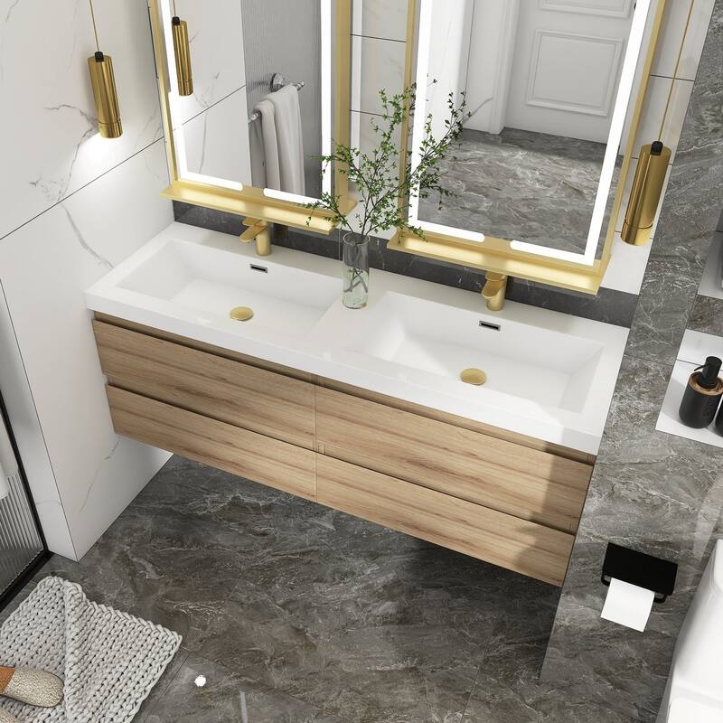 MDF Wall-Mounted Bathroom Vanity Set in Oak with Integrated Culture Marble Sink