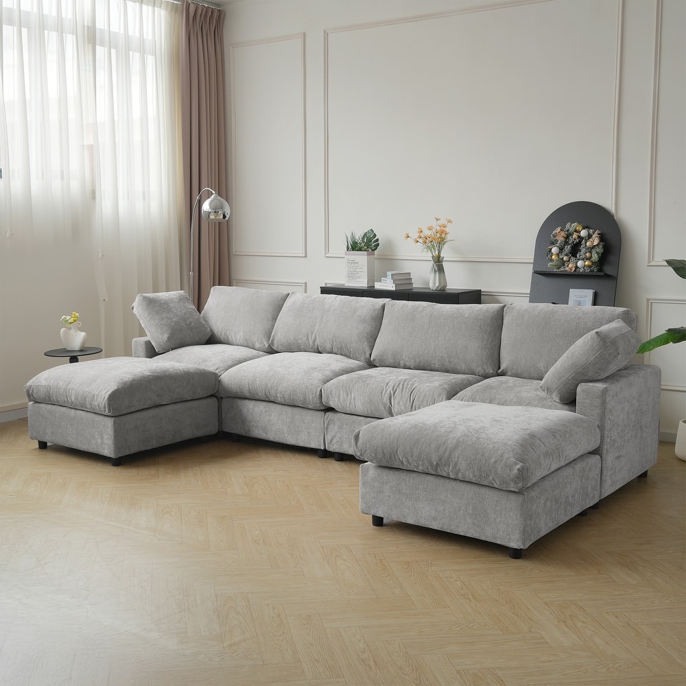 134" Cloud Sectional Couches for Living Room, Convertible U Shape Couch with Ottoman, 6 Seater Modular Sectional Sofa