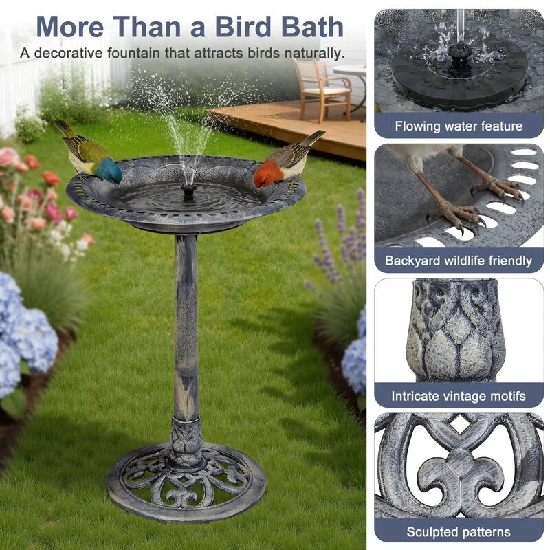 Javlergo 28" Pedestal Outdoor Bird Bath with Solar Powered Fountain for Outside Vintage Bronze Polyresin Lightweight