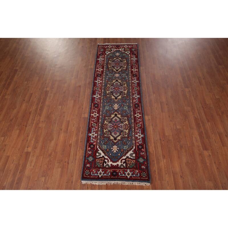 Blue Kazak Oriental Runner Rug Hand-Knotted Geometric Wool Carpet - 2'7"x 8'3"