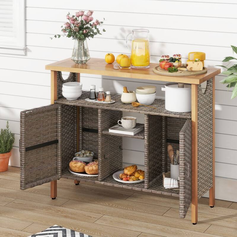 Moasis Wood and Wicker Outdoor Sideboard Storage Cabinet with Adjustable Shelves