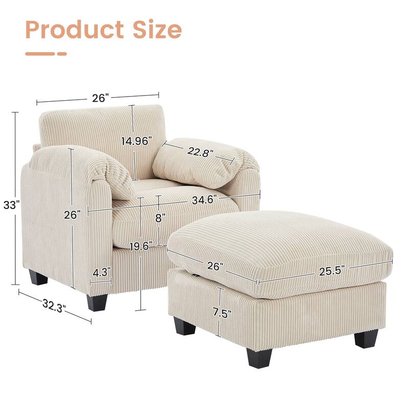 Multi-Seater Corduroy Sectional Sofa, Modular Settee, Included Removable Ottomans