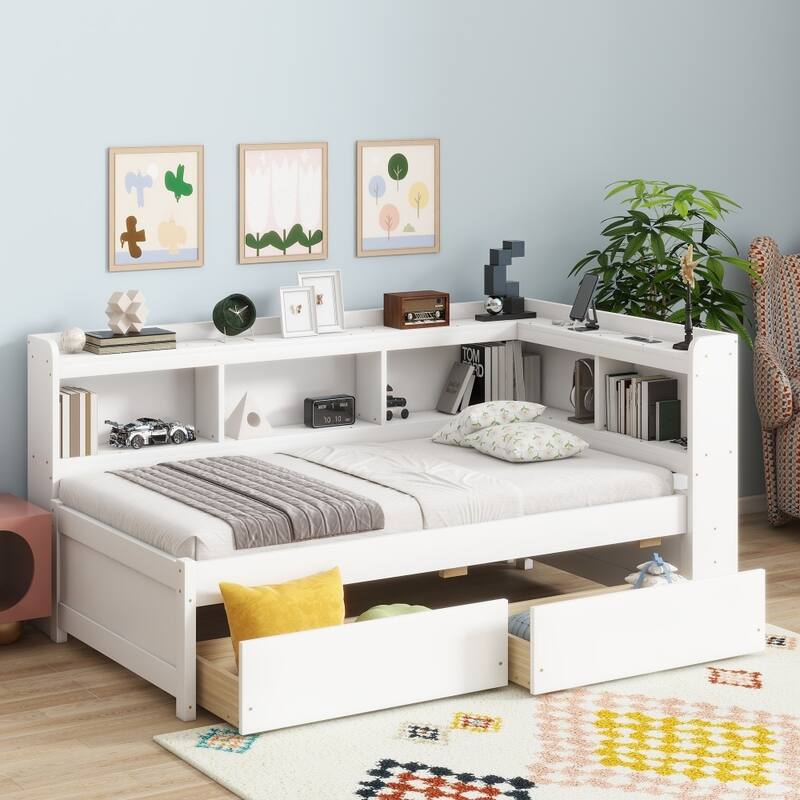 Twin Size L-shaped Bookcases Bed with Power Outlets, USB Charging Ports and Two Drawers
