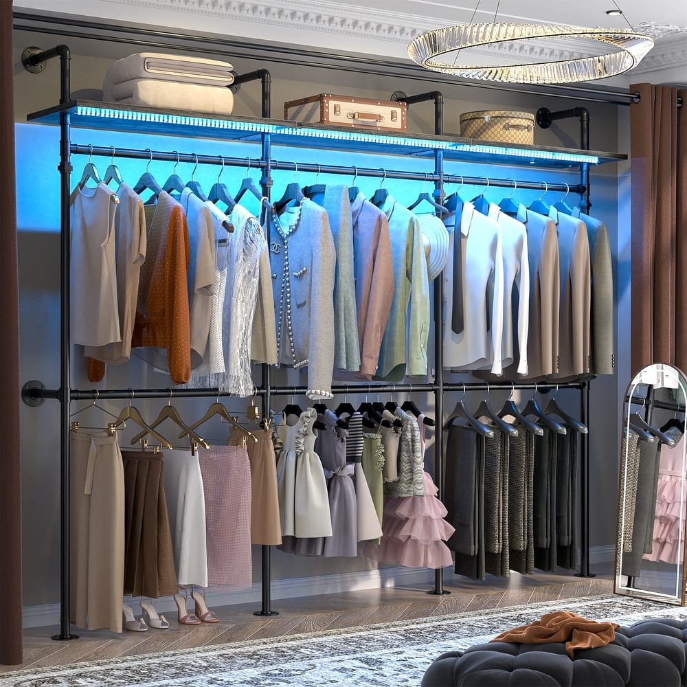 Industrial Pipe Clothing Rack, Reversible 118.3'' Garment Rack with LED Lights& Shelves for Walk-in Closet