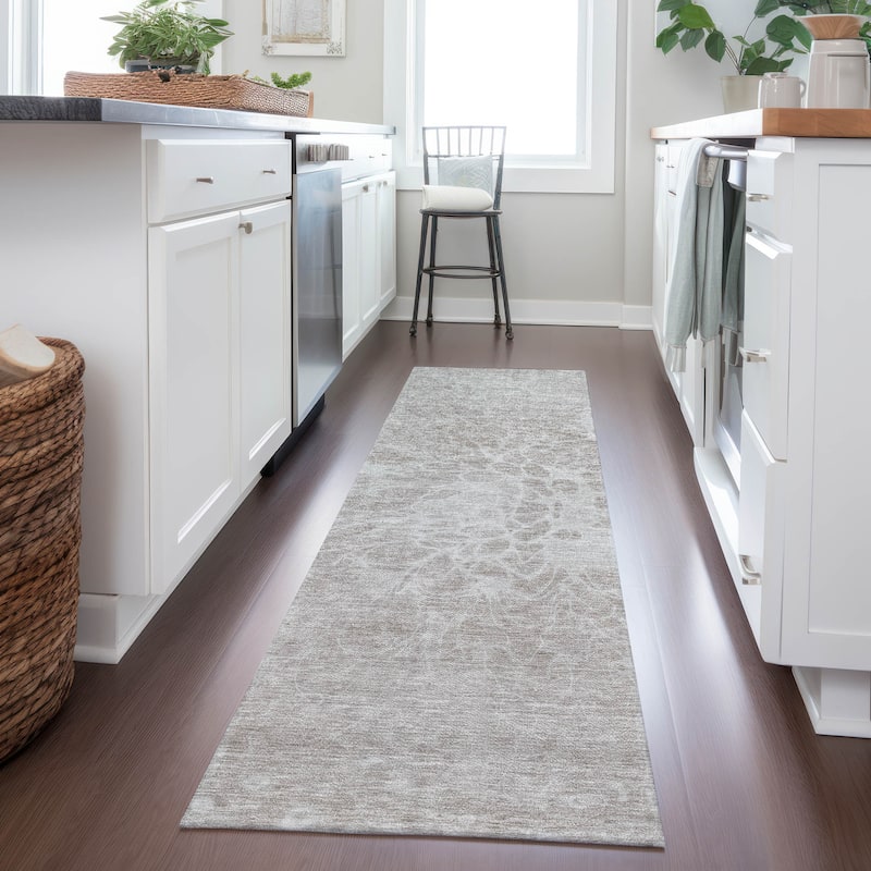 Machine Washable Indoor/ Outdoor Chantille Modern Vintage Floral Rug - Taupe - 2'3" x 7'6"