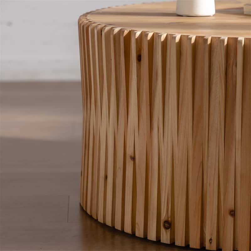 Retro Fashion Style Cylindrical Coffee Table w/Vertical Texture Relief