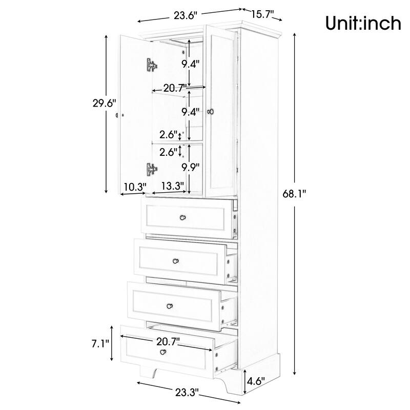 Freestanding White Bathroom Cabinet with 4 Drawers and 2 Doors, Adjustable Shelf, Waterproof MDF Storage Unit