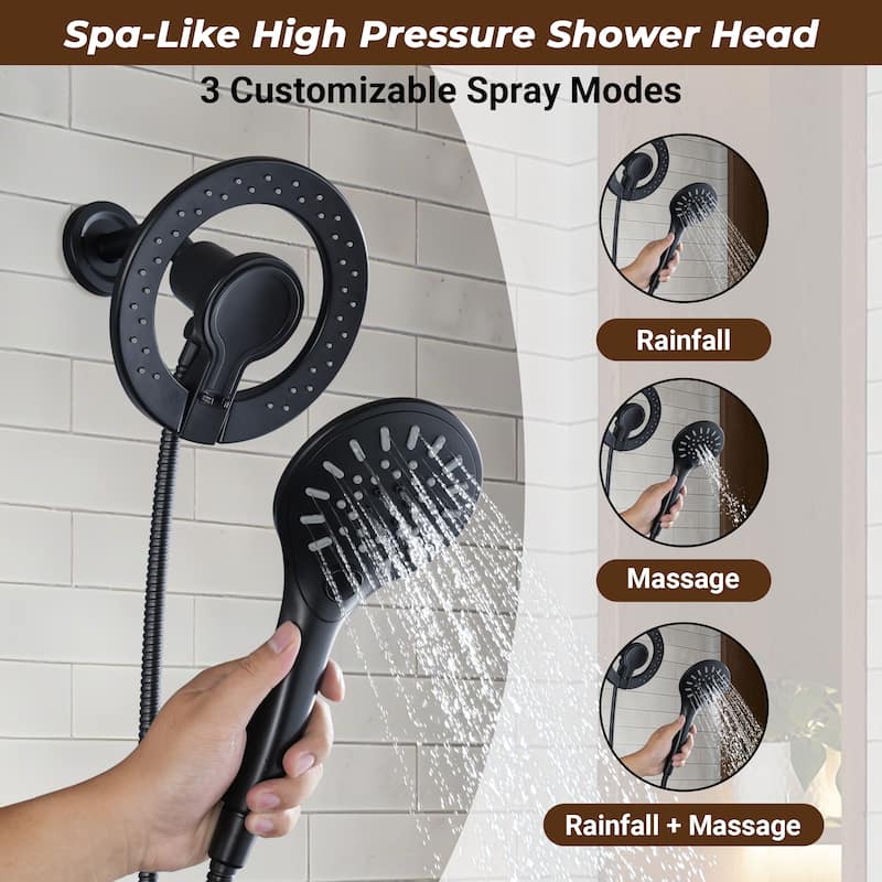 Magnetic 2-in-1 Shower System - 4-Spray 7.5 in. Wall Mount Dual Fixed and Handheld Shower Head in Matte Black