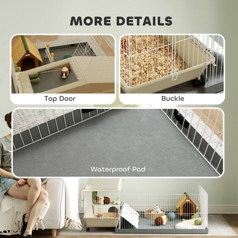 PawHut Small Animal Cage with Removable Pet Playpen, Guinea Pig Cage with Waterproof Pad, Hay Feeder