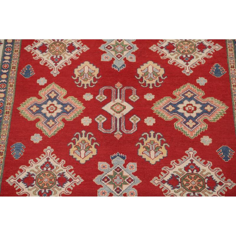 Red Geometric Kazak Living Room Area Rug Handmade Wool Carpet - 6'7" x 9'11"