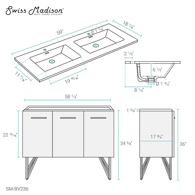 Swiss Madison Annecy 60" Double, Two Doors, One Drawer, Bathroom Vanity