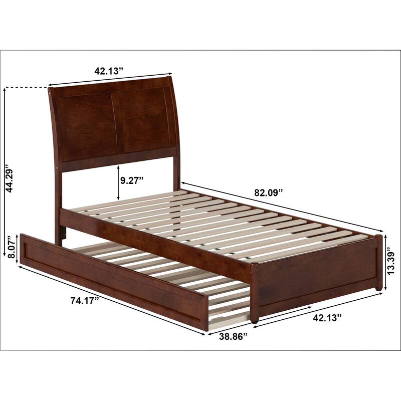 Twin Bed with Trundle & USB - Modern Platform Bed Frame, Walnut Finish - Sleek Sleigh Headboard
