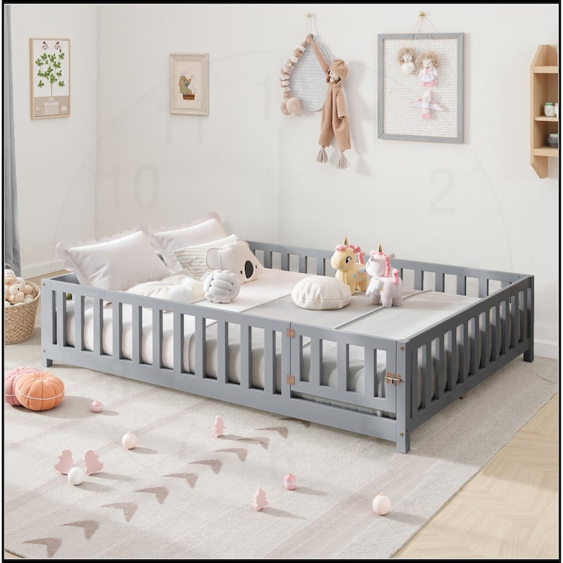 Full Size Floor Platform Bed with Fence and Door