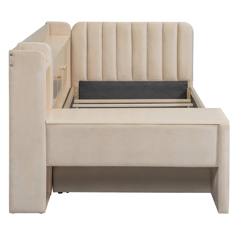 Twin Size Upholstered Daybed with Drawers, Shelves, Flip Cabinets & Side Table, Beige