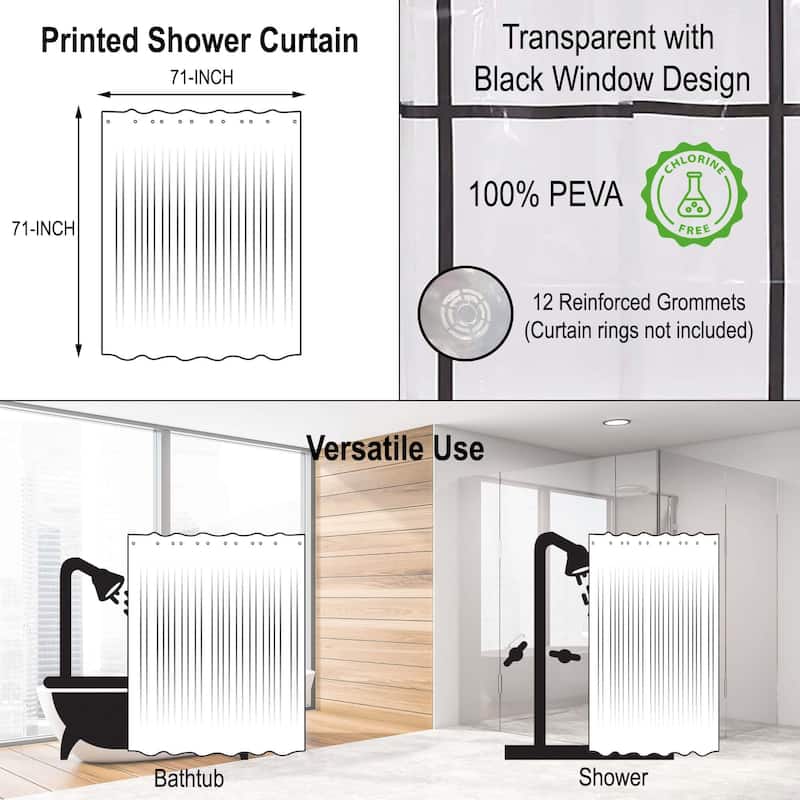 Transparent PEVA Shower Curtain - Black Window Design - 71x71 Inches