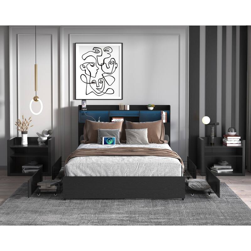 Black Platform Storage Bed Frame with Pull-out Storage Drawers and Storage Shelf Headboard Built-in Charging Station