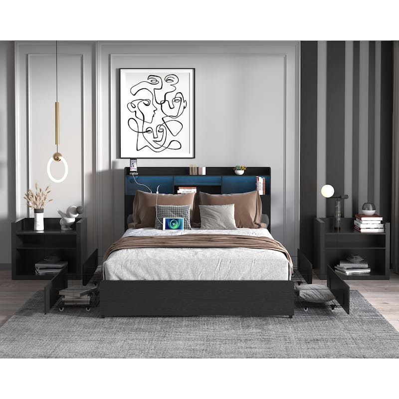 Platform Bed Frame with Storage Headboard, USB Charging Station, LED Lights, Storage Shelf, 4 Storage Drawers, No Noise, Black