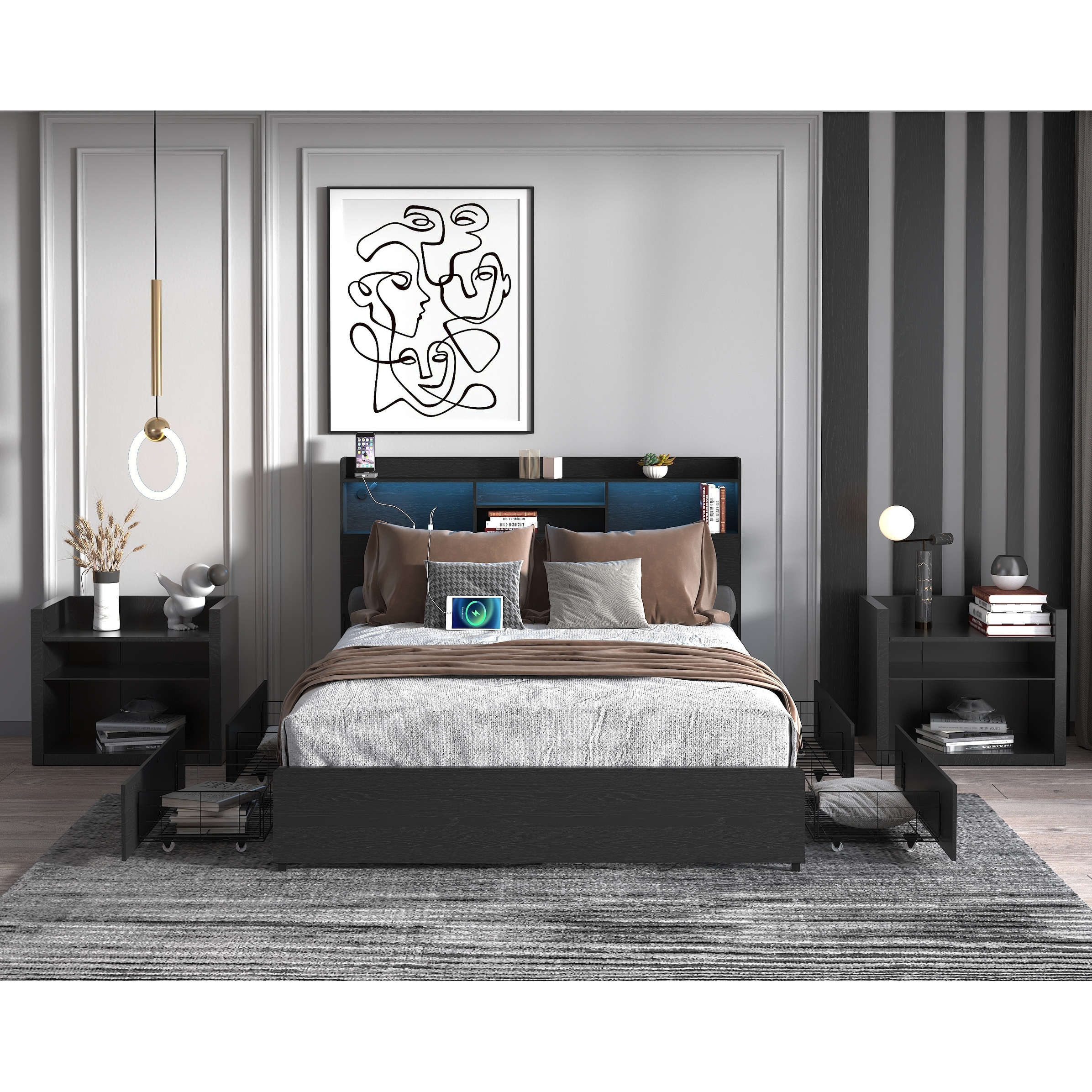Queen Bed Frame with 4 Drawers, Queen Bed Frame with Headboard and Storage Shelf, Storage Bed with Led and Charging Station